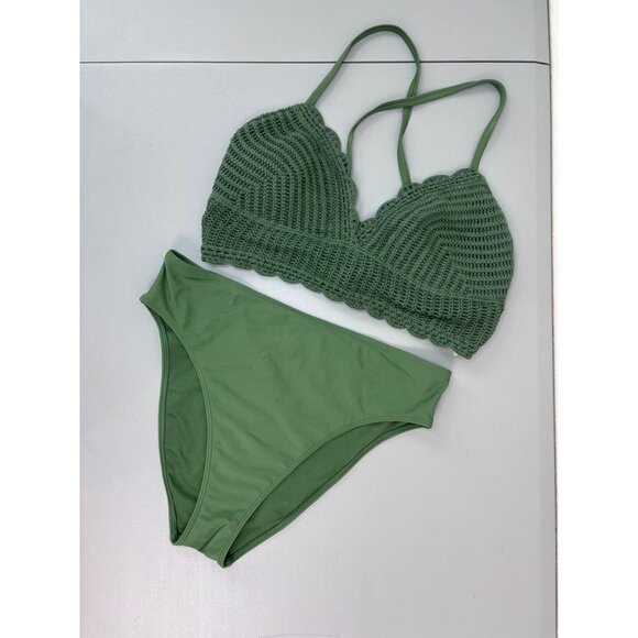 Hollister women's large green‎ crochet cross back high leg bikini swim set - Picture 1 of 8